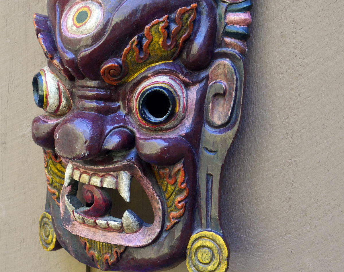 Vintage Large 25" Tibetan Mahakala Mask Hand Carved Wood | Wrathful Deity Wall Art