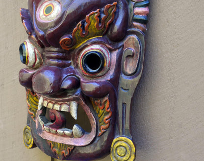 Vintage Large 25" Tibetan Mahakala Mask Hand Carved Wood | Wrathful Deity Wall Art