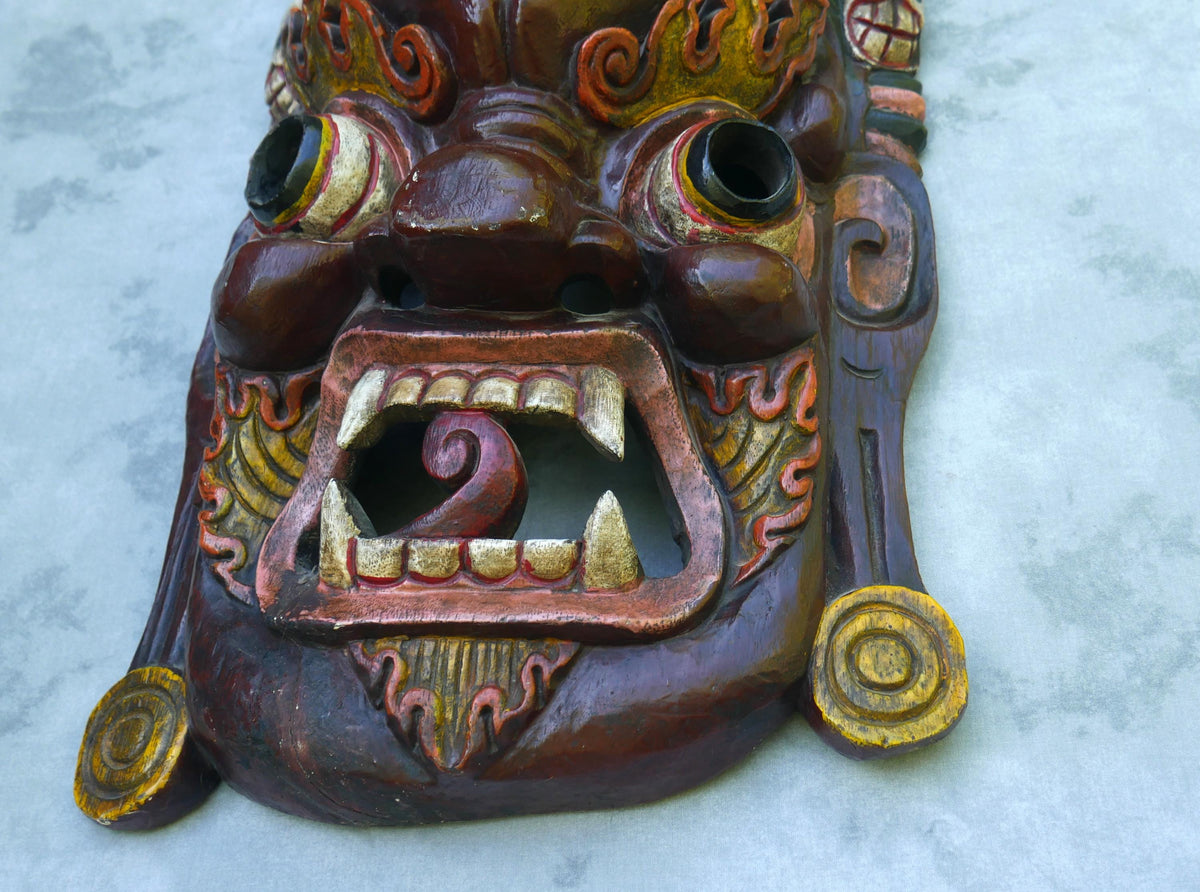 Vintage Large 25" Tibetan Mahakala Mask Hand Carved Wood | Wrathful Deity Wall Art