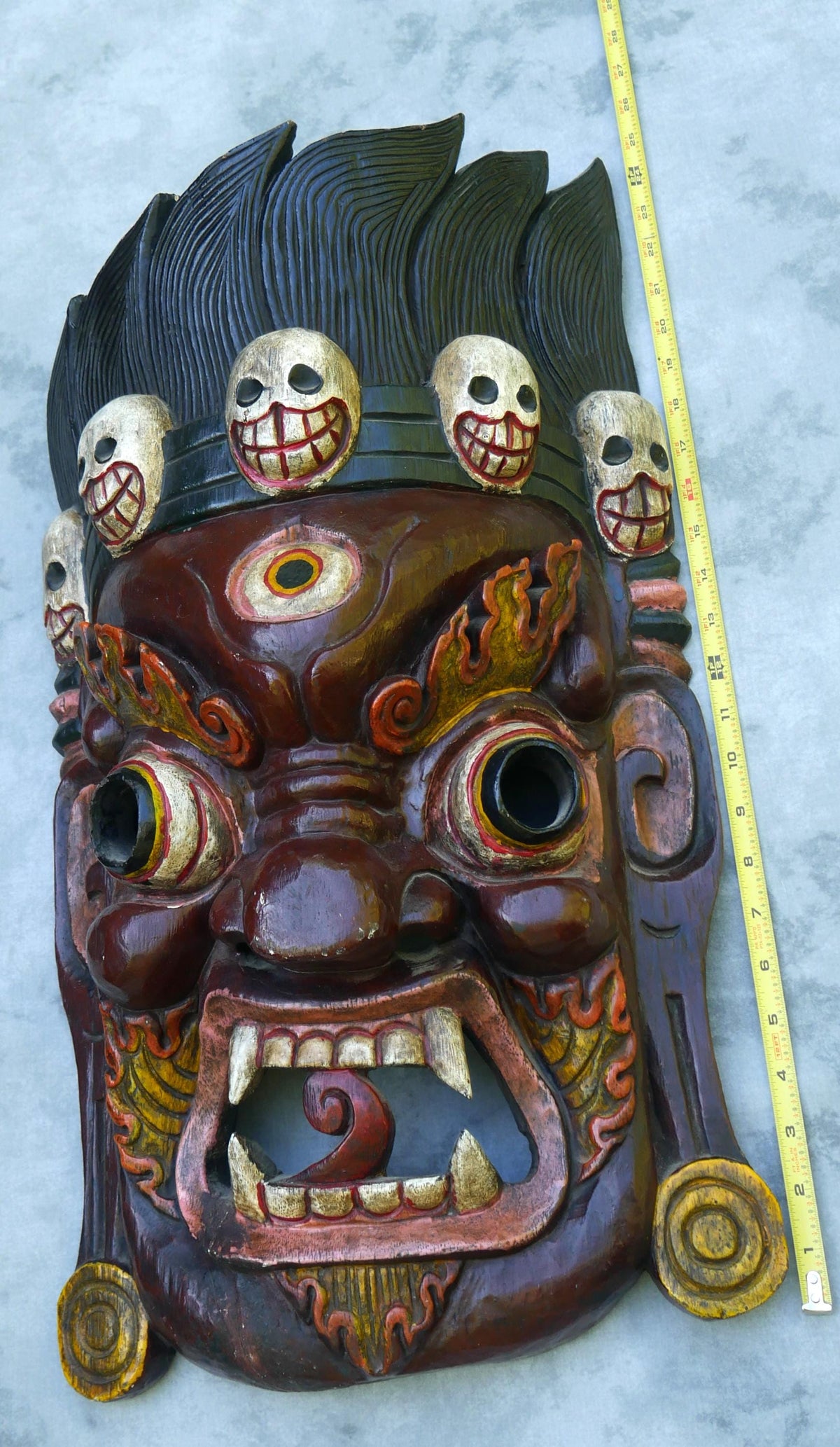 Vintage Large 25" Tibetan Mahakala Mask Hand Carved Wood | Wrathful Deity Wall Art