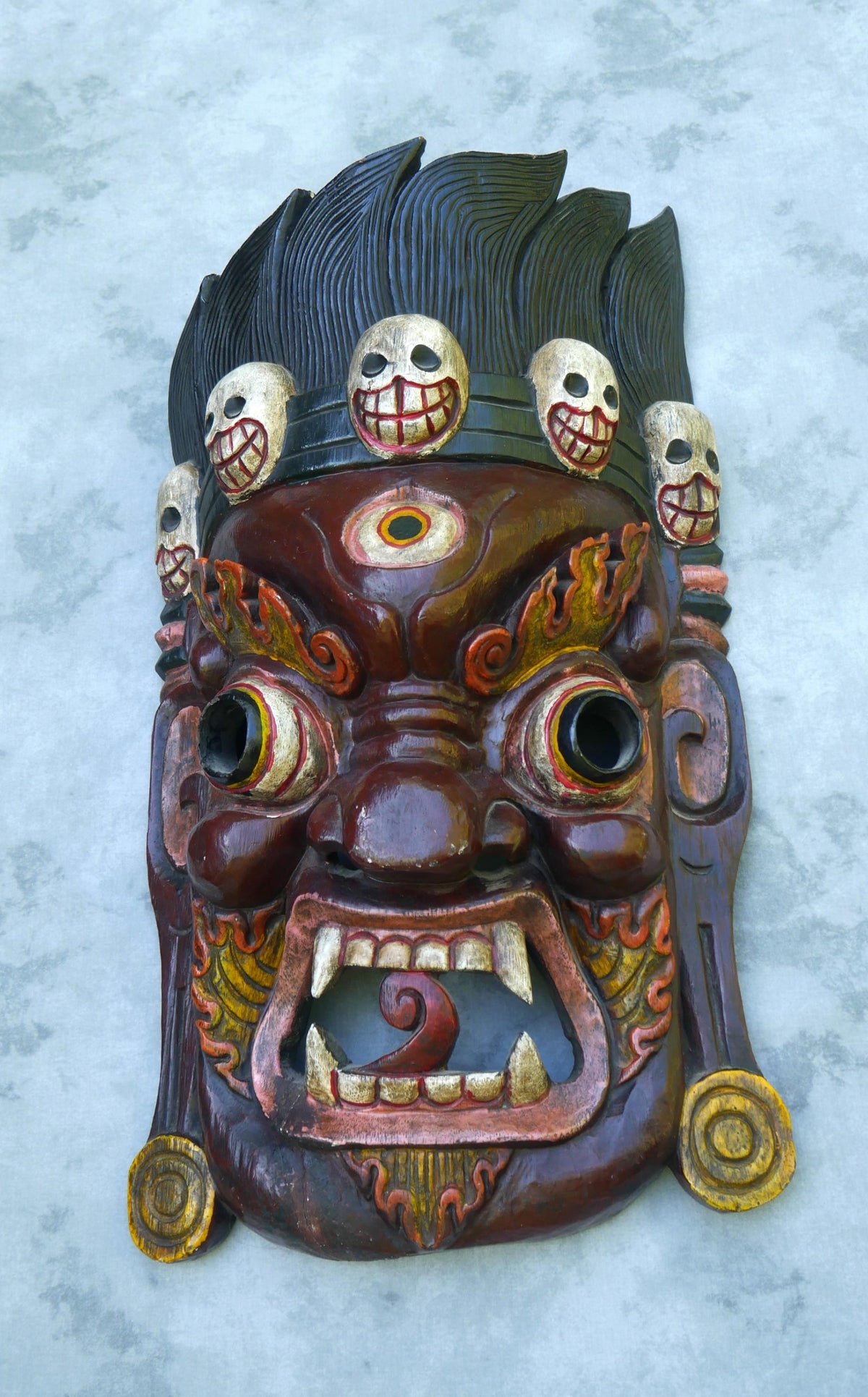 Vintage Large 25" Tibetan Mahakala Mask Hand Carved Wood | Wrathful Deity Wall Art