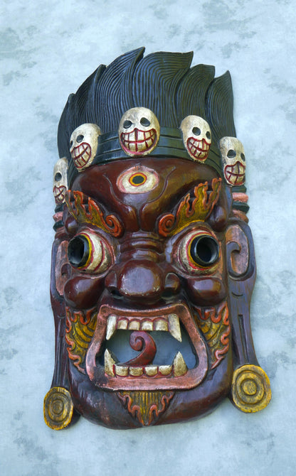 Vintage Large 25" Tibetan Mahakala Mask Hand Carved Wood | Wrathful Deity Wall Art