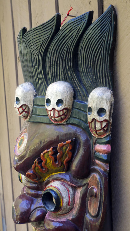 Vintage Large 25" Tibetan Mahakala Mask Hand Carved Wood | Wrathful Deity Wall Art