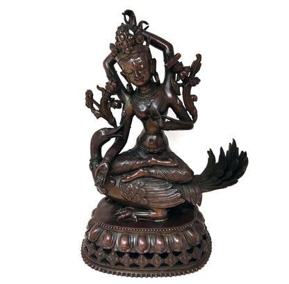 Tibetan Bronze Saraswati Goddess Tara Riding Hamsa Statue - 12.25" Tall