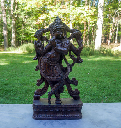 Large 24" Vintage Lord Krishna Wood Carving | Hand Carved Venugopala Flute Player | Sacred Hindu Altar Art