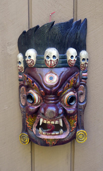 Vintage Large 25" Tibetan Mahakala Mask Hand Carved Wood | Wrathful Deity Wall Art