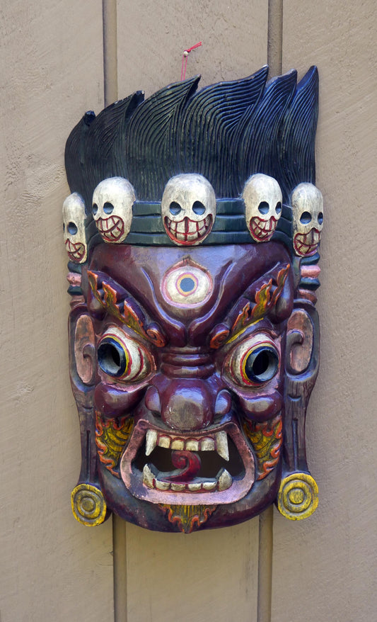Vintage Large 25" Tibetan Mahakala Mask Hand Carved Wood | Wrathful Deity Wall Art