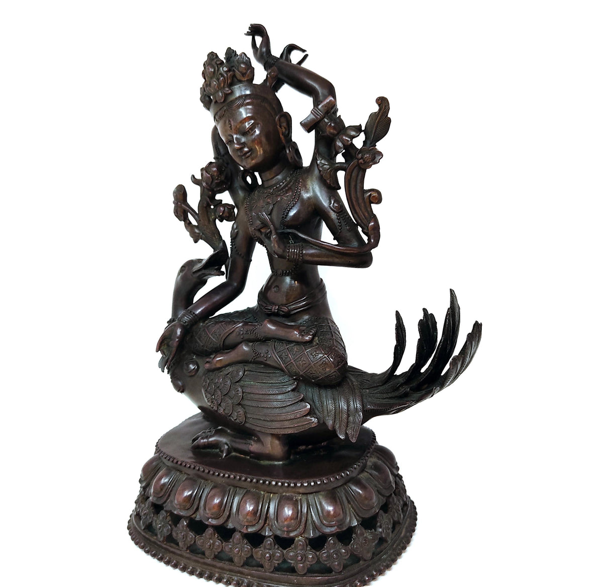 Tibetan Bronze Saraswati Goddess Tara Riding Hamsa Statue - 12.25" Tall