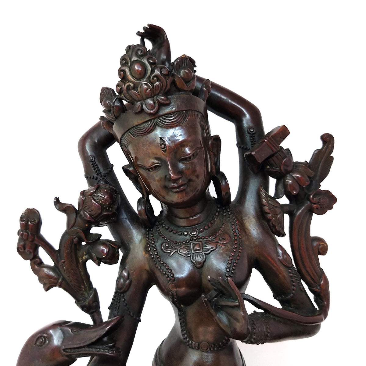 Tibetan Bronze Saraswati Goddess Tara Riding Hamsa Statue - 12.25" Tall