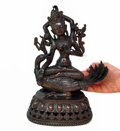 Tibetan Bronze Saraswati Goddess Tara Riding Hamsa Statue - 12.25" Tall