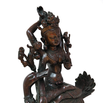 Tibetan Bronze Saraswati Goddess Tara Riding Hamsa Statue - 12.25" Tall