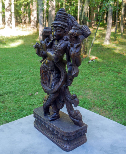 Large 24" Vintage Lord Krishna Wood Carving | Hand Carved Venugopala Flute Player | Sacred Hindu Altar Art