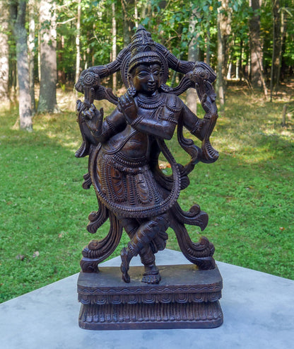Large 24" Vintage Lord Krishna Wood Carving | Hand Carved Venugopala Flute Player | Sacred Hindu Altar Art