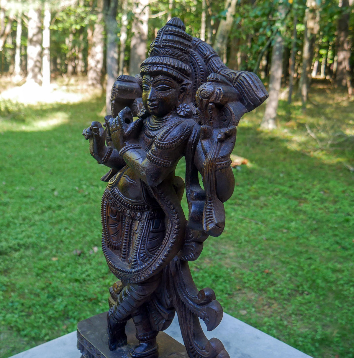 Large 24" Vintage Lord Krishna Wood Carving | Hand Carved Venugopala Flute Player | Sacred Hindu Altar Art
