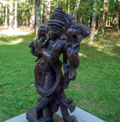 Large 24" Vintage Lord Krishna Wood Carving | Hand Carved Venugopala Flute Player | Sacred Hindu Altar Art