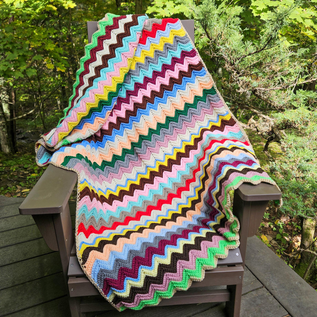 Handmade Vintage Crocheted Chevron Stripe Blanket Afghan Throw Zig Zag 63"x39"