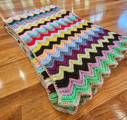Handmade Vintage Crocheted Chevron Stripe Blanket Afghan Throw Zig Zag 63"x39"