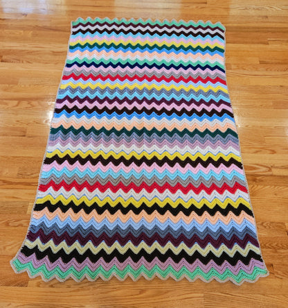Handmade Vintage Crocheted Chevron Stripe Blanket Afghan Throw Zig Zag 63"x39"