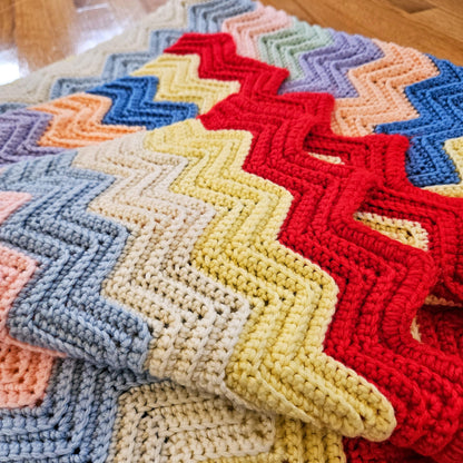 XL Vintage Pastel Chevron Crochet Afghan Throw Blanket Pastel Rainbow 90"x53"