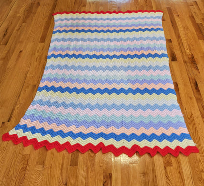 XL Vintage Pastel Chevron Crochet Afghan Throw Blanket Pastel Rainbow 90"x53"