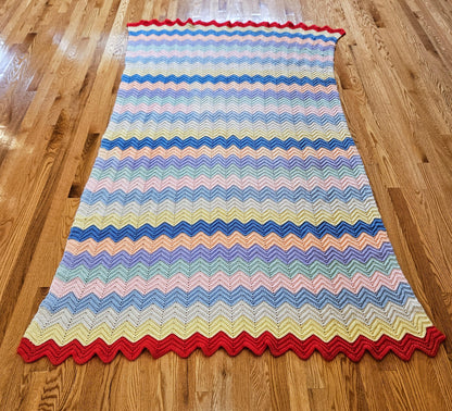 XL Vintage Pastel Chevron Crochet Afghan Throw Blanket Pastel Rainbow 90"x53"