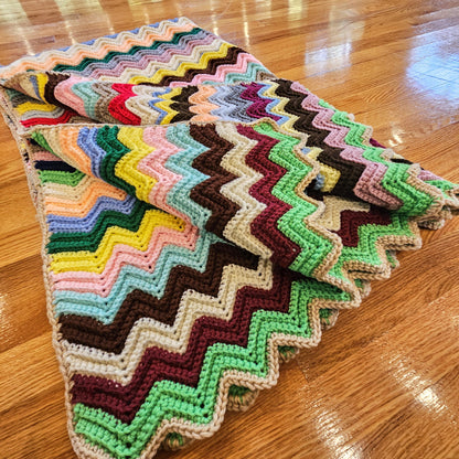 Handmade Vintage Crocheted Chevron Stripe Blanket Afghan Throw Zig Zag 63"x39"