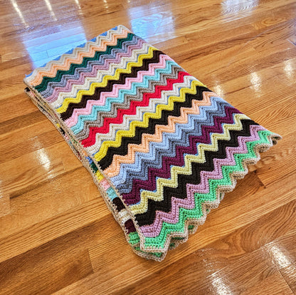 Handmade Vintage Crocheted Chevron Stripe Blanket Afghan Throw Zig Zag 63"x39"