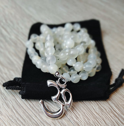 Rainbow Moonstone Mala Beads Necklace with Silver Om Symbol Pendant Yoga Gift
