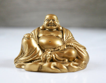 Happy Buddha Golden Statue | Small Precious Feng Shui Buddha Figurine 1.75" Tall