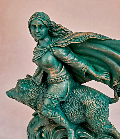 Freya Statue Norse Goddess On Boar Gypumstone Handmade Altar Idol  5.5"