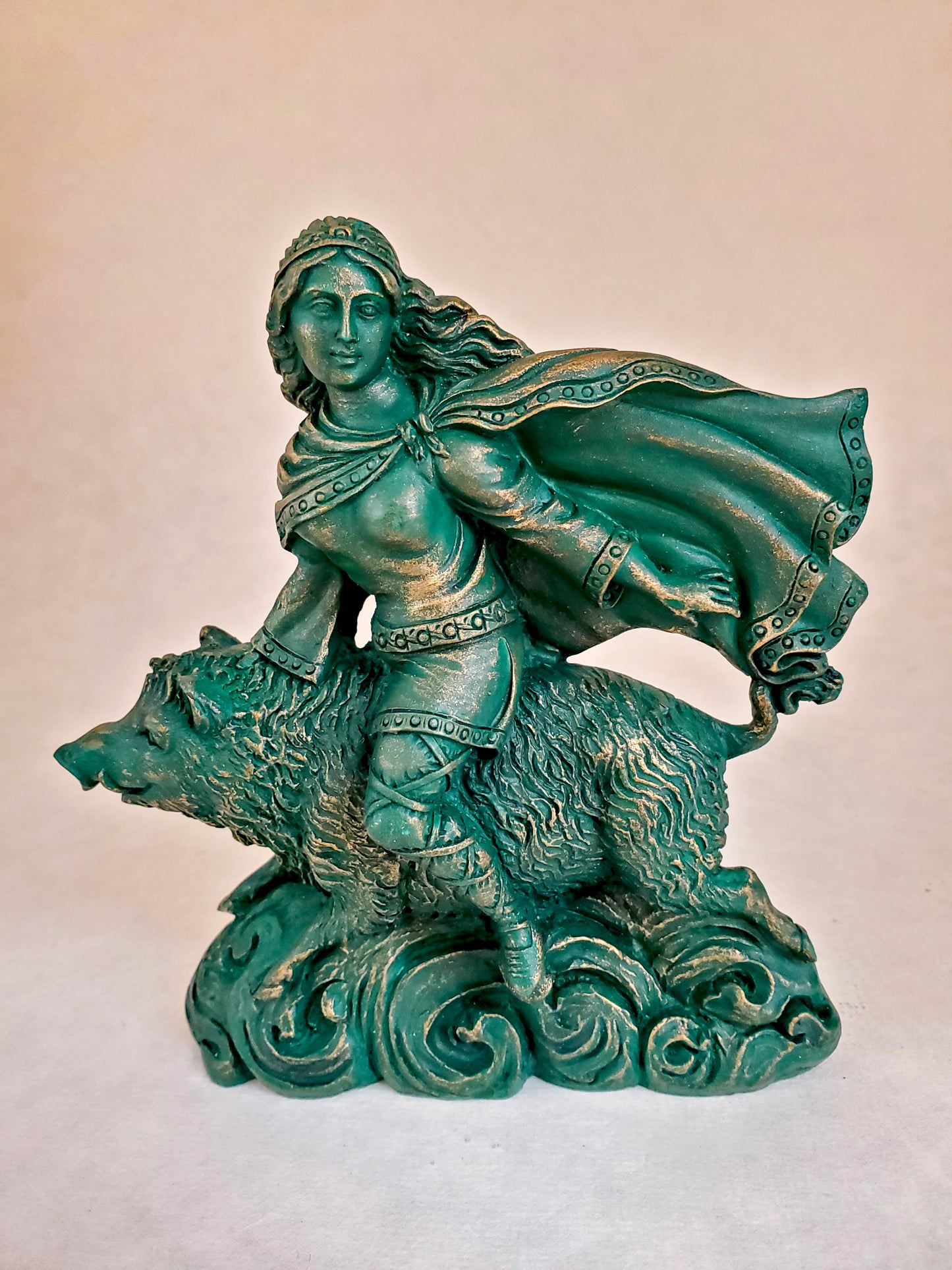 Freya Statue Norse Goddess On Boar Gypumstone Handmade Altar Idol  5.5"