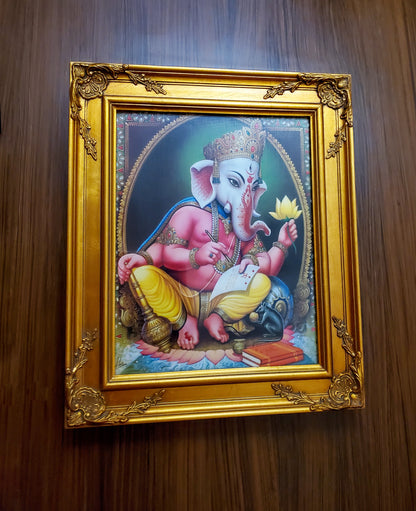 Ganesha Poster Wall Hanging Decor Set in Victorian Golden Ornate Frame 17.75"