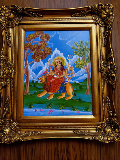 Durga Maa Hand Painting Art in Baroque Rococo Golden Frame - Goddess Wall Decor