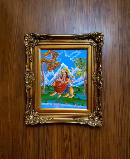 Durga Maa Hand Painting Art in Baroque Rococo Golden Frame - Goddess Wall Decor