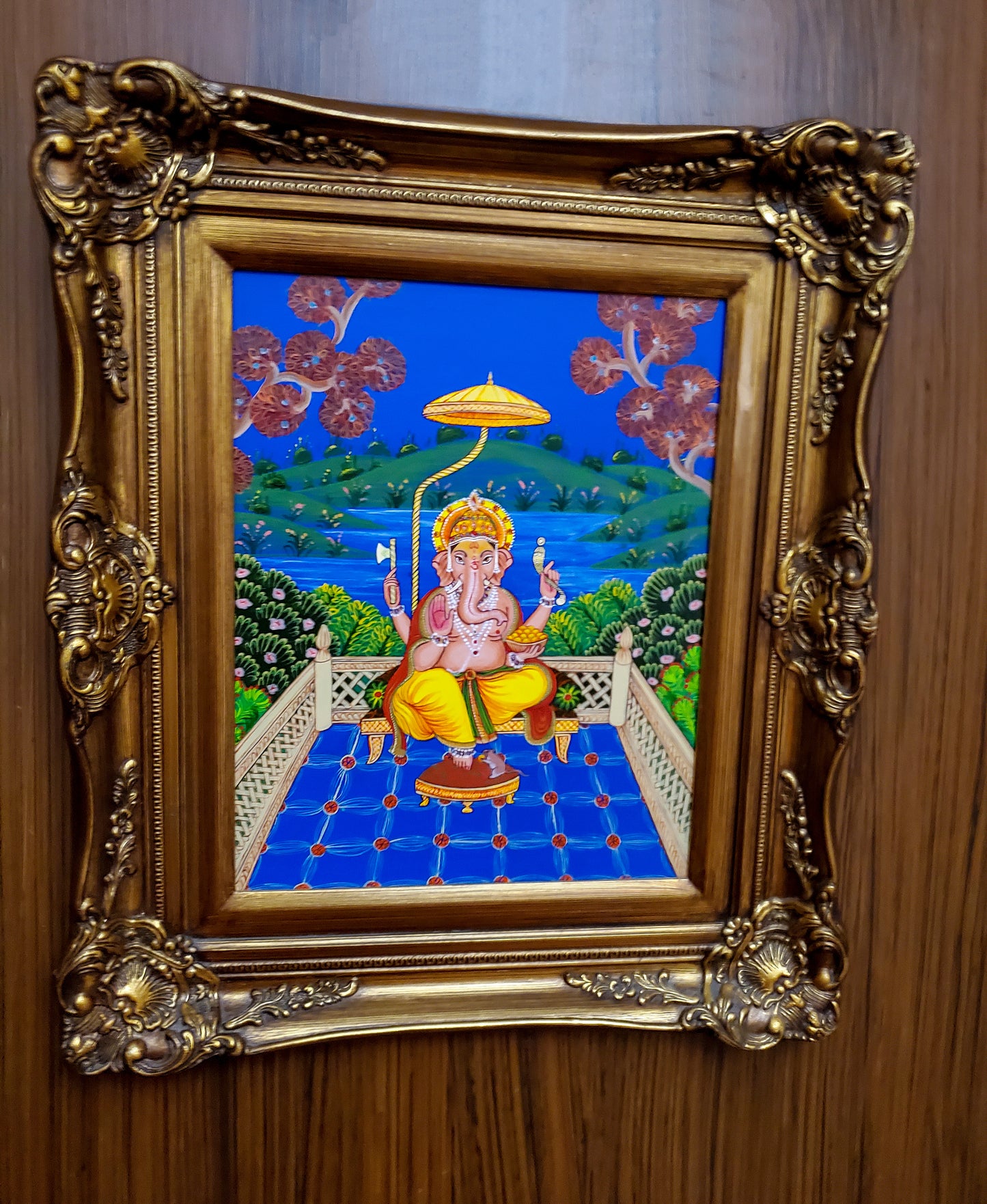 Ganesha Hand Painting Art in Baroque Rococo Golden Frame - India Wall Decor