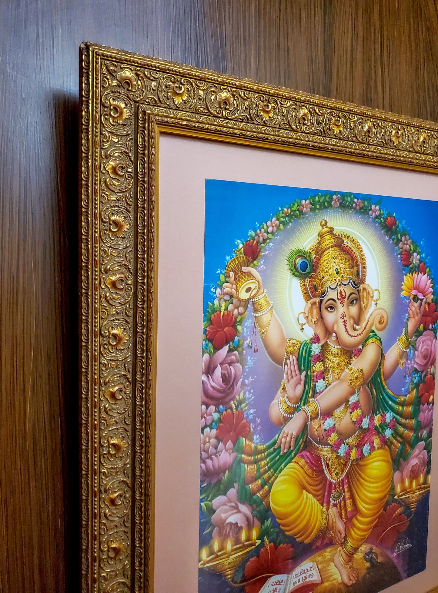 Ganesha Poster Wall Hanging Decor Set in Ornate Golden Gorgeous Frame 23.5"
