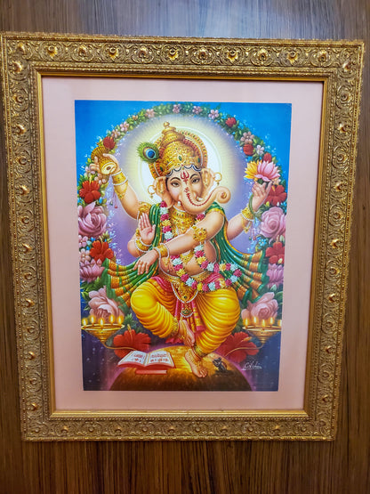 Ganesha Poster Wall Hanging Decor Set in Ornate Golden Gorgeous Frame 23.5"