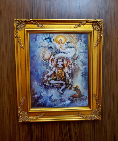 Shiva Poster Painting in Ornate Baroque Rococo Golden Frame - India Wall Decor