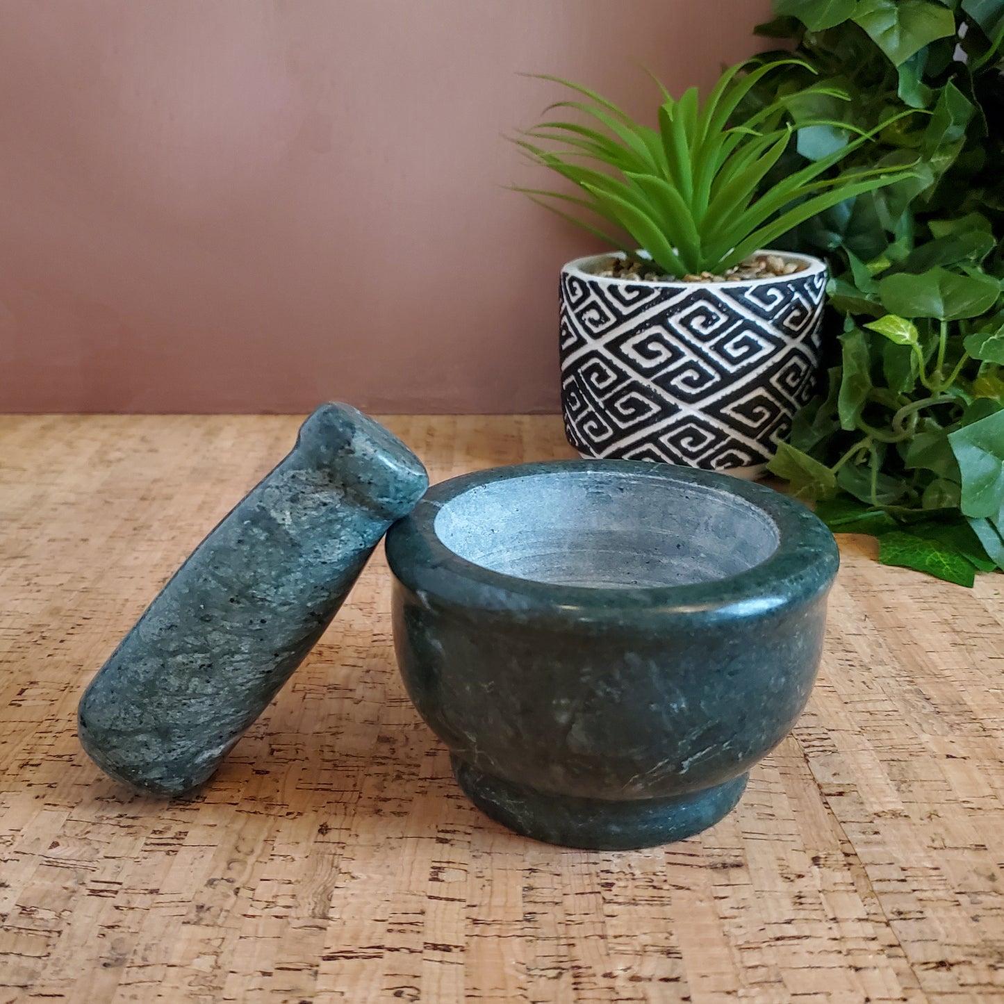 Green Marble Mortar and Pestle - Medium Size - Handmade All Natural Stone 4"
