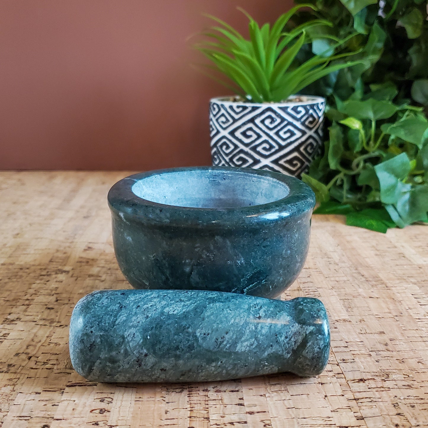 Green Marble Mortar and Pestle - Medium Size - Handmade All Natural Stone 4"