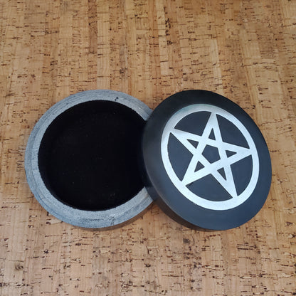 Silver Pentagram Inlay Black Soapstone Trinket Box I Keepsake Handmade Box 4"