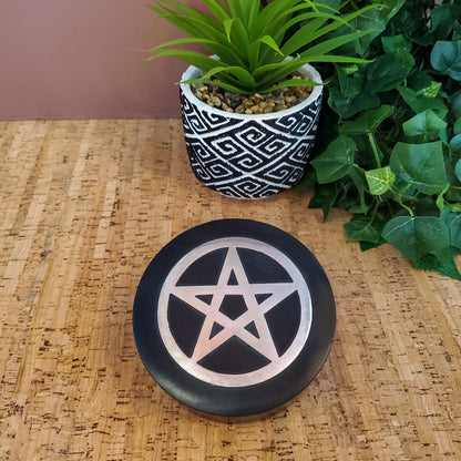 Silver Pentagram Inlay Black Soapstone Trinket Box I Keepsake Handmade Box 4"