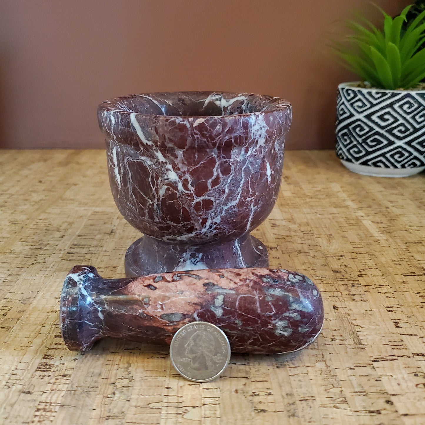 Red Marble Mortar and Pestle Set - Beautiful Handmade Stone Kitchen Decor 4"