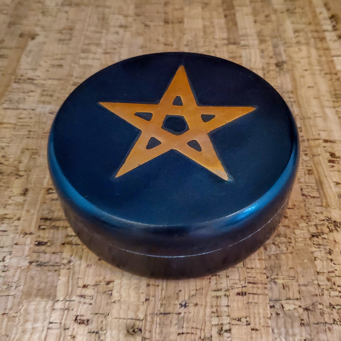 Pentagram Gold Brass Inlay Black Soapstone Trinket Box I Keepsake Handmade Box 4"
