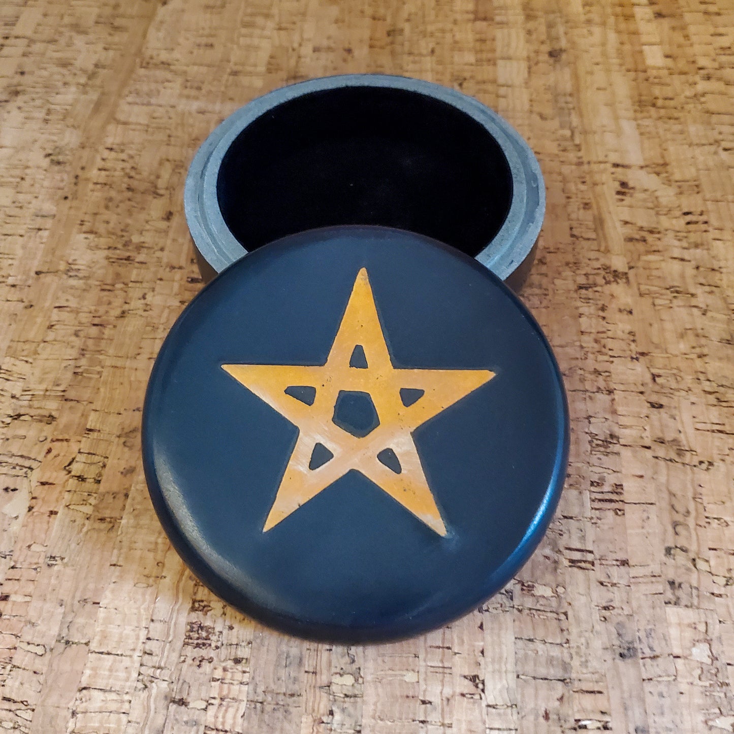 Pentagram Gold Brass Inlay Black Soapstone Trinket Box I Keepsake Handmade Box 4"