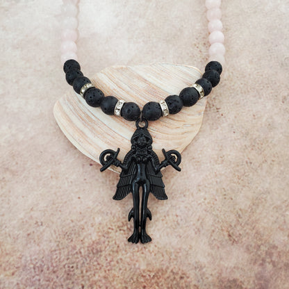 Goddess Lilith Inanna Gemstone Necklace | Rose Quartz Beads | Handmade Jewlery