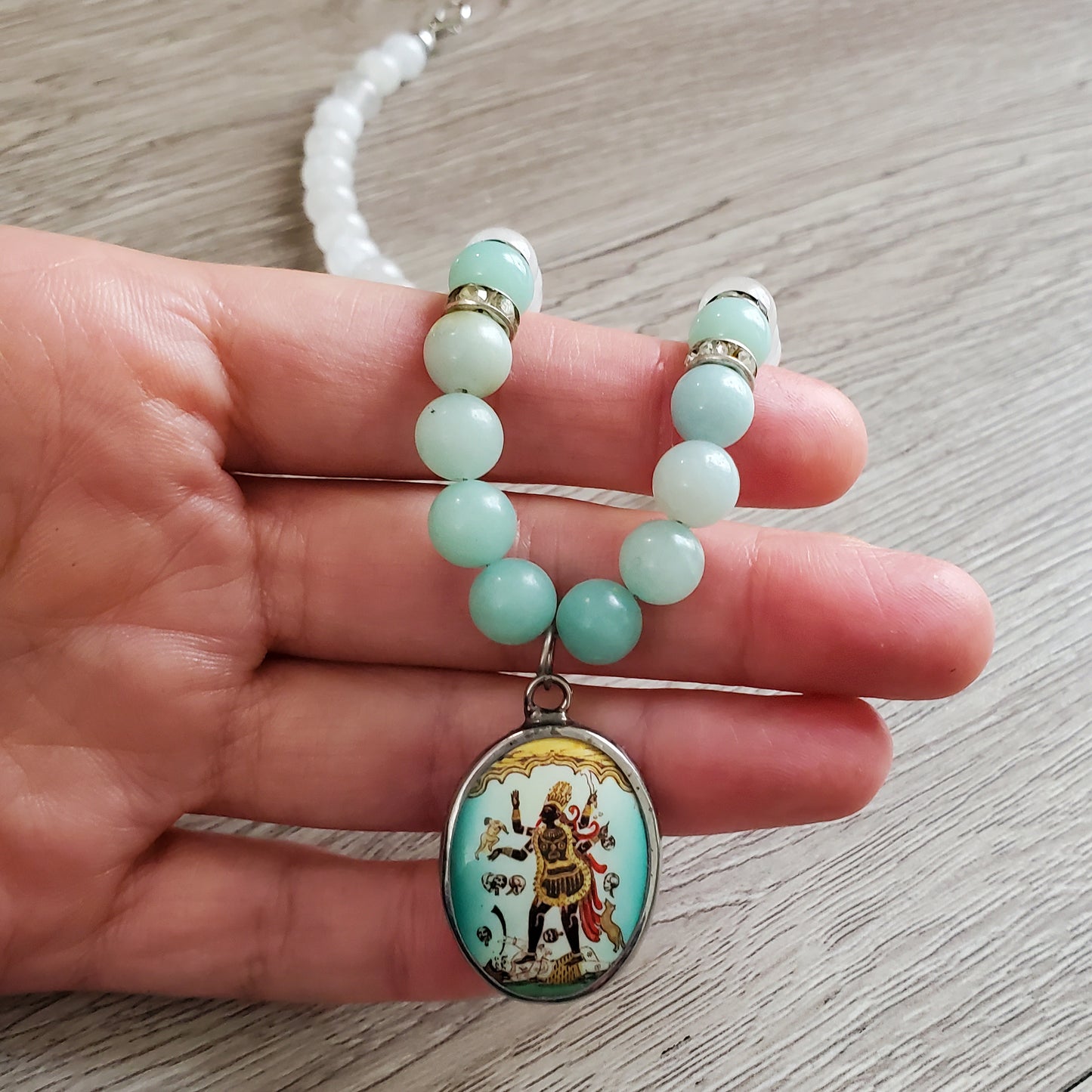Goddess Kali Moonstone Necklace | Crystal Beads | Handmade Jewlery 17.5" Long