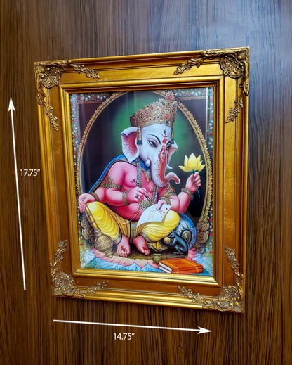 Ganesha Poster Wall Hanging Decor Set in Victorian Golden Ornate Frame 17.75"