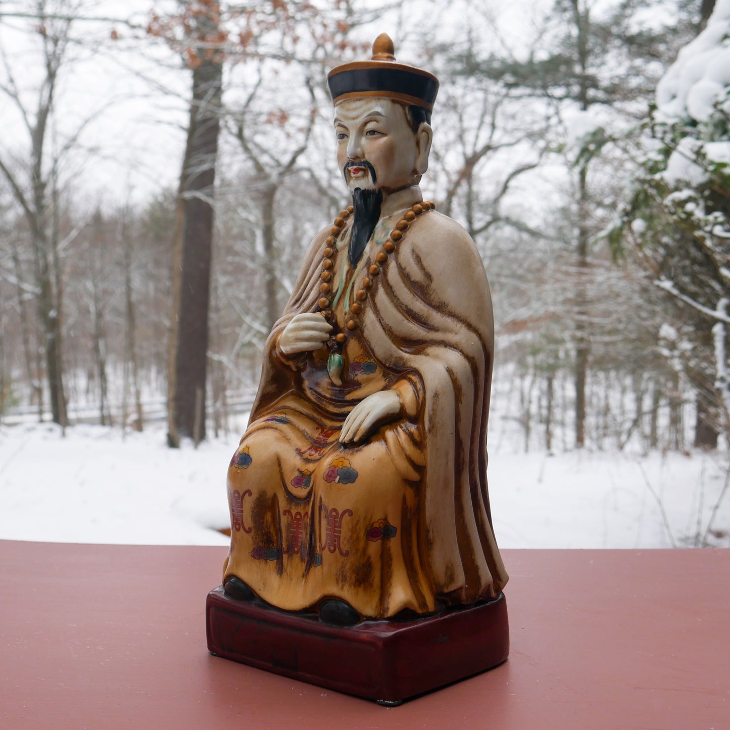 Qing Dynasty Ceramic Emperor Statue with Chaozhu Necklace |  Hand Painted 16"
