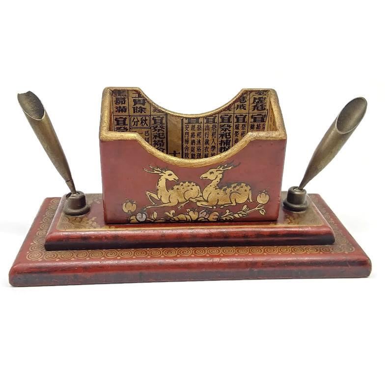 Vintage Chinese illustrated Wood Business Card and Pen-Holder Desk Stand